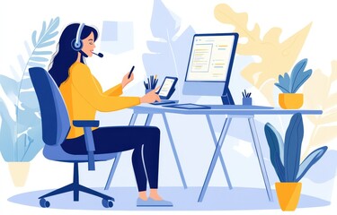 A woman wearing a headset is comfortably sitting in front of a computer