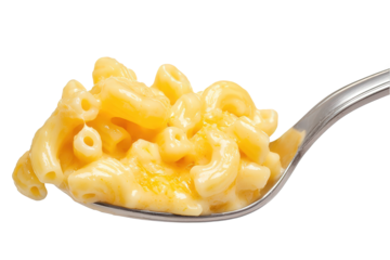 A spoonful of creamy macaroni and cheese, featuring tender pasta coated in a rich, cheesy sauce, Transparent background.