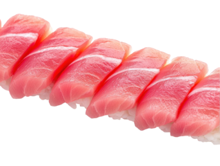 A row of vibrant, pink sushi pieces, each delicately placed atop a base of seasoned rice, showcasing freshness and culinary artistry, Transparent background.