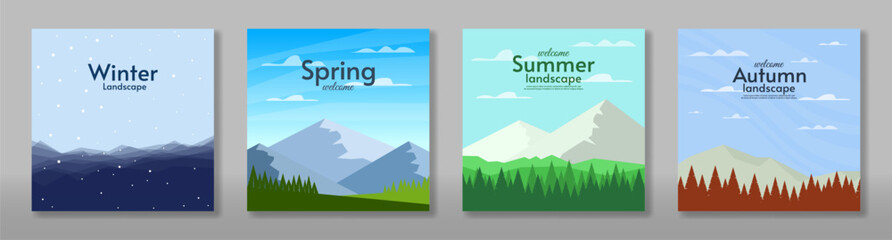 Obraz premium Vector illustration. Set of 4 season landscape illustration. Flat style landscape illustration. Winter, spring, summer, autumn vector landscape. Mountains with field, hills and forest. 