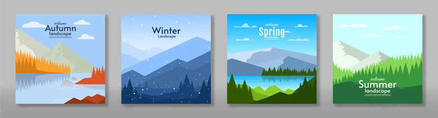 Vector illustration. Set of 4 season landscape illustration. Flat style landscape illustration. Autumn, winter, spring and summer vector landscape. Mountains with field, hills and forest.	