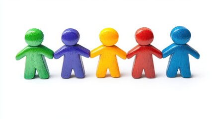 A chain of five glossy, colorful human figures stands in line on a white background. Concept of unity, diversity, and teamwork