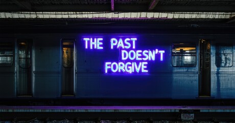 Fototapeta premium Neon past doesn t forgive sign glowing faintly on abandoned train station deep navy and bright silver symbolizing weight of history
