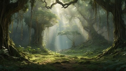 A lush, vibrant jungle scene.