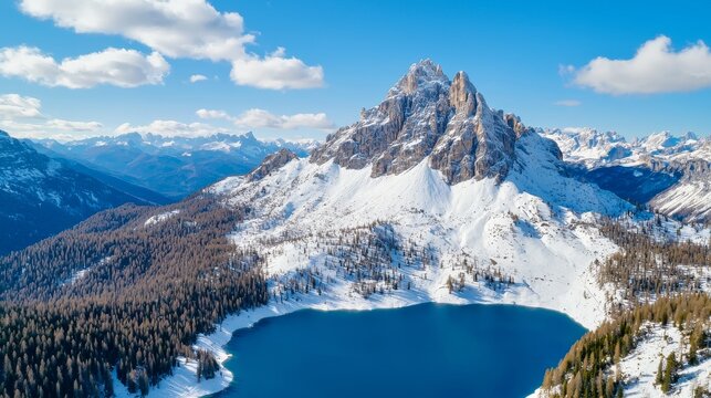 A stunning aerial view of a snow-covered mountain range surrounding a calm blue lake, under a clear blue sky dotted with fluffy clouds.