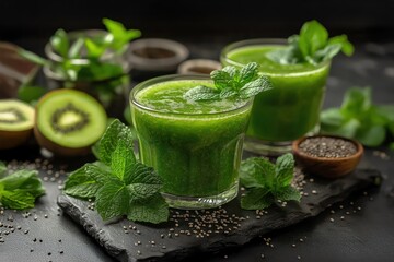 Glasses of green detox smoothie with kiwi, chia seeds and fresh mint leaves