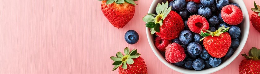 Fresh Berry Mix in Bowl with Top Down View on Pink Background for Healthy Eating Concept