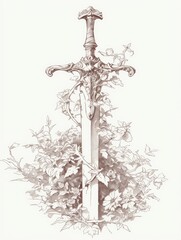 A detailed drawing shows an ornate sword engulfed by flowers