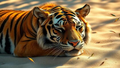 Fototapeta premium Majestic Tiger Resting on Sandy Terrain, Bathed in Golden Sunlight, with Delicate Leaves Gently Falling