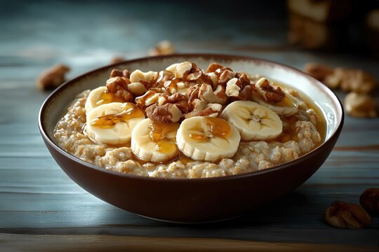 Oatmeal with banana, walnuts and honey in a bowl