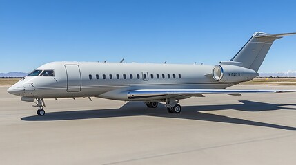 An airplane parked on the ground under a cloudless blue sky