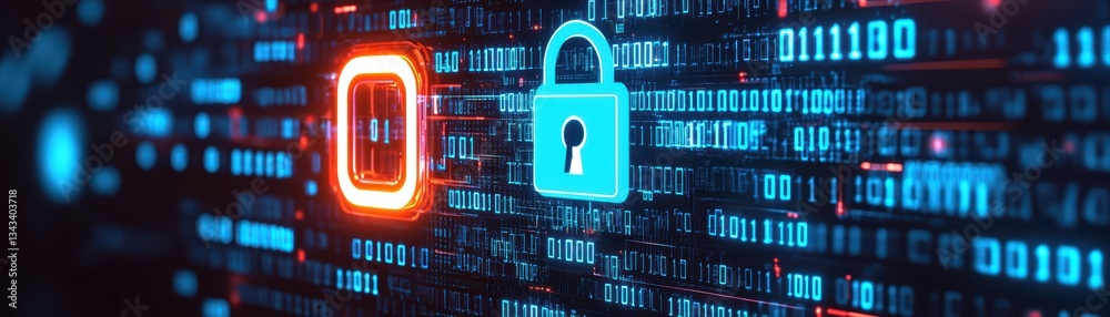 Poster abstract cybersecurity visual with padlock and binary code in digital theme for technology concepts