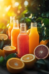 Refreshing citrus juices glistening in golden sunlight with fresh oranges and grapefruit