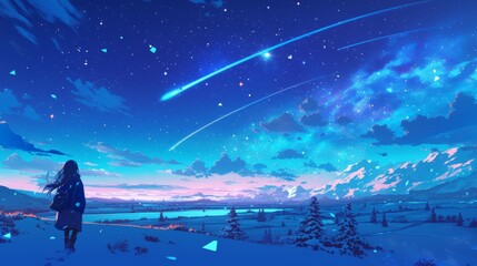 Obraz premium winter starry night with little girl anime wallpaper background 