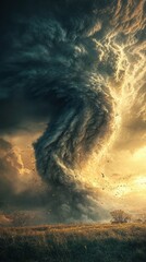 Tornado transforms into a mythical beast at sunset, showcasing nature's unpredictable power and beauty