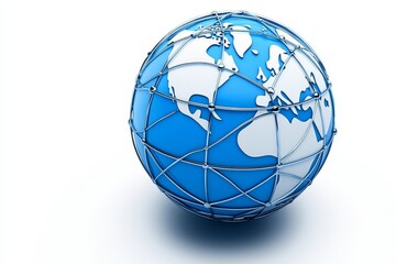 A stylized globe with a blue ocean and white landmasses, interconnected by a wireframe, symbolizing global connectivity.