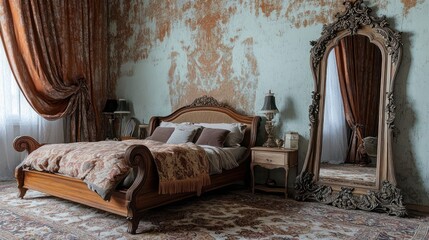 A vintage bedroom with a wooden sleigh bed, a richly patterned rug, and an ornate mirror leaning against a wall with soft pastel tones