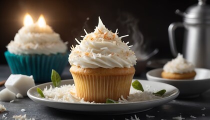 Scrumptious Coconut Cupcakes with Creamy Frosting and Lit Candles