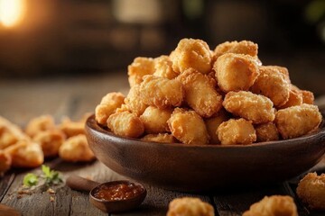 A delicious pile of golden battered chicken nuggets.