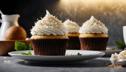 Three Delicious Coconut Cupcakes on a Plate