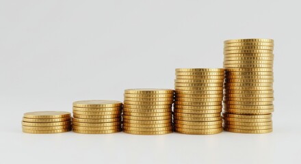 Stacks of gold coins arranged in ascending order against a plain white background studio shot