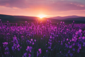 Lavender flowers in a field with the sun setting in the background