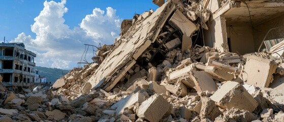Fototapeta premium Devastation Aftermath Concrete Ruins Urban Landscape with Building Amidst Destruction and Chaos