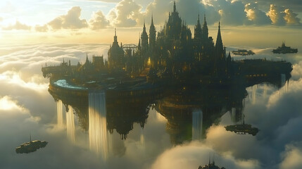 Fantasy floating city above the clouds with waterfalls
