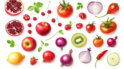 Red fruit and vegetable mix collection. Pomegranate, tomato, apple, pomelo, radish, currant, plum, cherry, strawberry, raspberry, onion, pepper isolated on white background. Flat lay, top view
