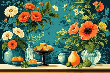 Vibrant Retro Artwork Teal Canvas Poster Vector Design