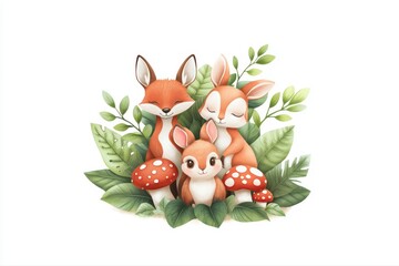 Fototapeta premium Adorable Woodland Animals Surrounded by Green Leaves and Colorful Mushrooms in a Nature Concept