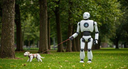 Humanoid robot walking a real dog in a park, symbolizing AI integration into daily pet care and companionship. AI-assisted living, robotic assistance, future lifestyle...