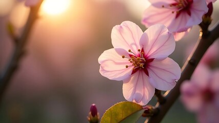 Obraz premium Delicate Cherry Blossom with Dewy Petals and Raindrops Glowing in Soft Morning Light
