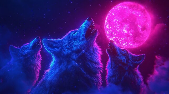 Three wolves howling at a mystical glowing pink full moon