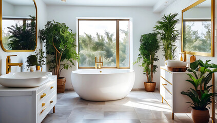 Fototapeta premium A sleek, minimalist bathroom with a modern design, blending white surfaces with warm wood accents. The clean lines and bright light create a sense of spaciousness and serenity
