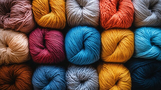 Colorful skeins of yarn are arranged in a grid pattern