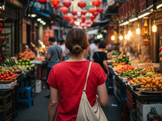 Obraz premium A woman with a red shirt walks through a marketplace