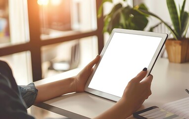 Young woman using a tablet computer while sitting at a desk in an office, close-up of a hand holding a digital device with a blank screen, a mockup for a text and information technology concept. 
