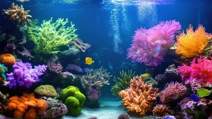 Obraz premium Vibrant coral reef aquarium scene with colorful fish and diverse marine life.