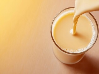 Creamy almond milk being poured generously into a glass in a vibrant kitchen filled with fresh ingredients and atmosphere