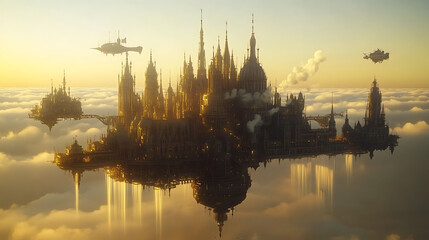 Fantasy floating city above the clouds with waterfalls