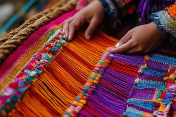 Hands of Artisan Creating Colorful Textile with Traditional Weaving Techniques in Vibrant Colors and Patterns