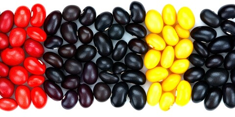 Vivid Array of Red Black and Yellow Jelly Beans Candy Sweets Confectionery Treats Delightful Festive