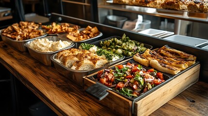 A Mediterranean buffet featuring Greek salad.