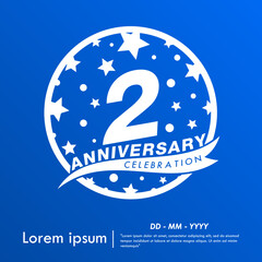2nd years anniversary celebration emblem. white anniversary logo isolated with ribbon and stars ball on blue background. vector illustration template design for web, flyers, poster, greeting card	