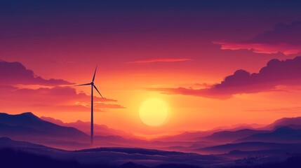 Obraz premium Silhouetted wind turbine against a colorful sunset symbolizing renewable energy and sustainability