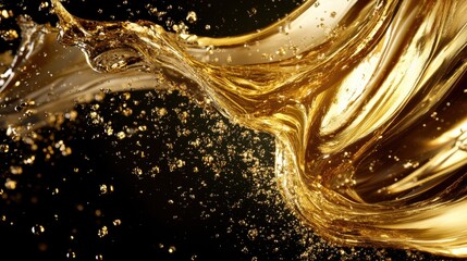 Dynamic Gold Liquid Flow with Splashes Against Dark Background