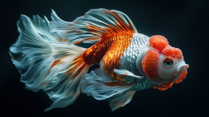 Elegant goldfish swimming gracefully in tranquil dark water