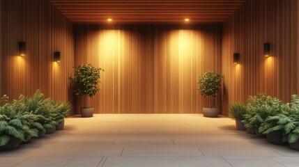 Contemporary indoor garden sanctuary with warm lighting and wooden panel walls