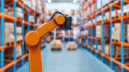 ERP software and inventory, A robotic arm is positioned in a warehouse filled with shelves of stacked boxes, showcasing automation in inventory management.